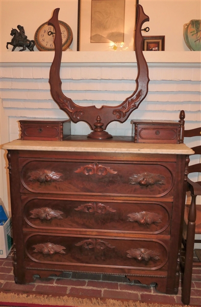 Walnut Victorian Marble Top Dresser with Fruit Carved Pulls - Wood Harp Style Mirror Frame - 2 Glove Drawers - Measures 40" tall 41" by 19" 