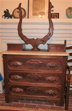 Walnut Victorian Marble Top Dresser with Fruit Carved Pulls - Wood Harp Style Mirror Frame - 2 Glove Drawers - Measures 40 tall 41 by 19 