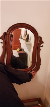 Walnut Victorian Marble Top Dresser with Fruit Carved Pulls - Wood Harp Style Mirror Frame - 2 Glove Drawers - Measures 40 tall 41 by 19 