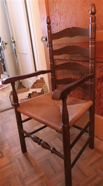 Nice Sturdy Handcrafted Ladderback Rush Bottom Arm Chair - Acorn Finials Pegged Construction
