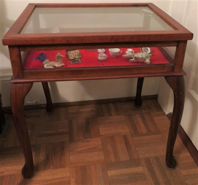 Queen Anne Style Display Table and Contents - Top Needs Hinge Repair - Contents Includes Mother of Pearl Trinket Box, Bohemian Glass Tooth Pick Holder, Glass Elephant, Dog Pin Cushion, Etc. 