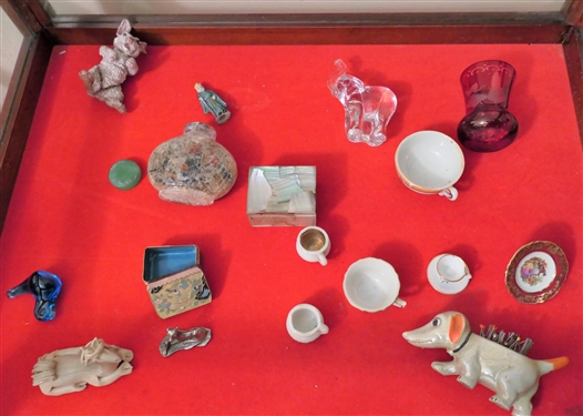 Queen Anne Style Display Table and Contents - Top Needs Hinge Repair - Contents Includes Mother of Pearl Trinket Box, Bohemian Glass Tooth Pick Holder, Glass Elephant, Dog Pin Cushion, Etc. 