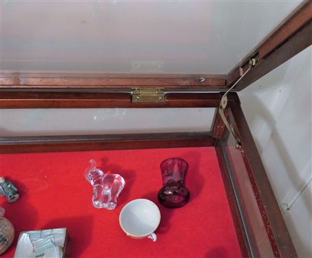 Queen Anne Style Display Table and Contents - Top Needs Hinge Repair - Contents Includes Mother of Pearl Trinket Box, Bohemian Glass Tooth Pick Holder, Glass Elephant, Dog Pin Cushion, Etc. 