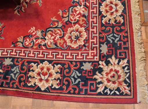 Red Asian Inspired Machine Made Wool Rug -Measures 10' 7 by 7'9
