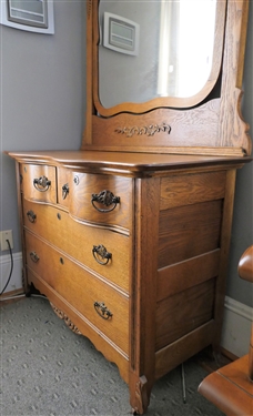 Very Nice Oak Serpentine Front Dresser with Beveled Mirror - Paneled Sides - 2 Dovetailed Drawers over 2 Dovetailed Drawers - Measures 72 Tall 44 by 20