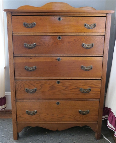 Oak 5 Drawer Chest Paneled Sides - Measures 49" tall 34" by 17"