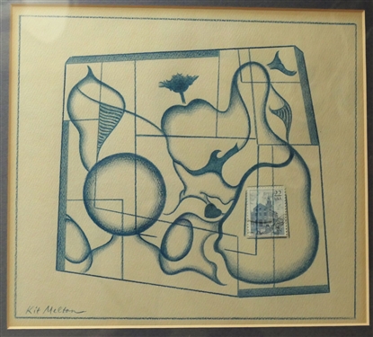 Kit Melton Original Art Work - Abstract Design with 22 Cent Stamp - Framed and Matted - Frame Measures 13 1/2 by 15