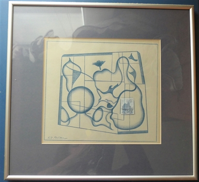 Kit Melton Original Art Work - Abstract Design with 22 Cent Stamp - Framed and Matted - Frame Measures 13 1/2 by 15
