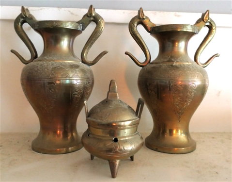 3 Pieces of Asian Brass - Urns with Heads Measuring 7 1/2 Tall 