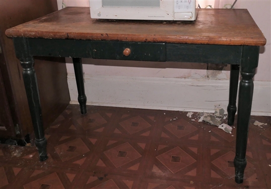 Table with Green Painted Base and Drawer, Microwave Oven, and Coca Cola Wood Tray - Table Measures 30 tall 43 by 23 