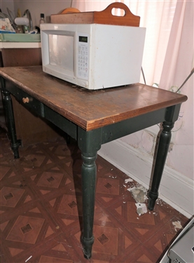Table with Green Painted Base and Drawer, Microwave Oven, and Coca Cola Wood Tray - Table Measures 30 tall 43 by 23 