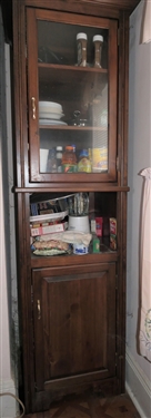Narrow Pine Storage Cabinet with Glass Door at Top and Blind Door At Bottom - Measures 91 tall 25 by 28 - 2 Pieces for Moving 