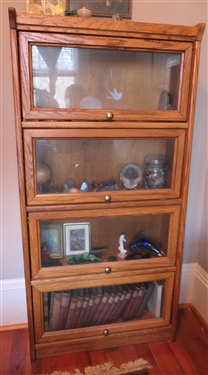 Petite Oak Book Case with Glass Lift Up Doors - Measures 49 1/2 tall 29 by 8 - NO CONTENTS