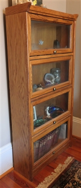Petite Oak Book Case with Glass Lift Up Doors - Measures 49 1/2 tall 29 by 8 - NO CONTENTS