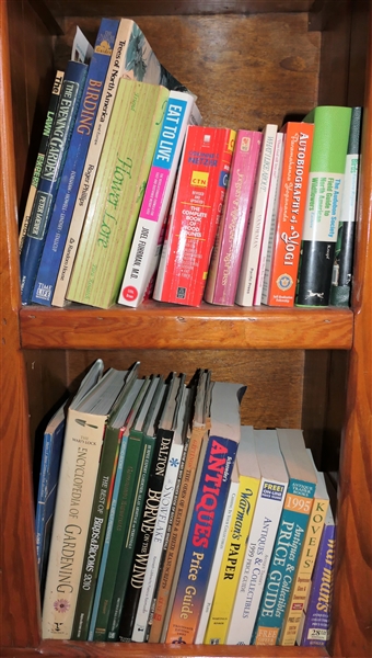 2 Shelves of Books including Antique Collecting, Autobiography of Yogi, Encyclopedia of Gardening, Birds and Bloom, Audubon Society, and More