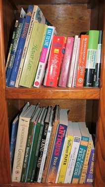 2 Shelves of Books including Antique Collecting, Autobiography of Yogi, Encyclopedia of Gardening, Birds and Bloom, Audubon Society, and More