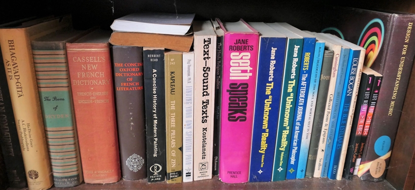 3 Shelves of Books including  The Book of Secrets Celestine Vision Greek Reader Man Visible and Invisible The Unknown Reality Designs for Understanding Music 