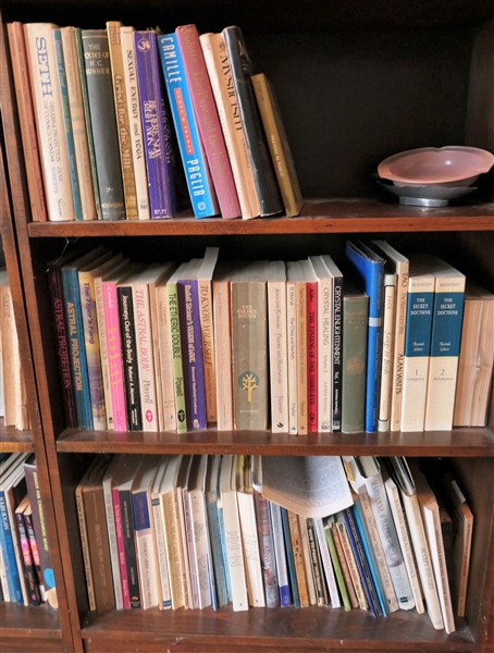 3 Shelves of Books including "Seth" "Camille Paglia" "The Astral Body" "The Secret Doctrine" "The Golden Branch" "Accept This Gift" "