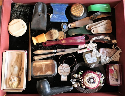 Tray Of Collectibles including South Boston Memorabilia, Sterling Handled Letter Openers, Raylass Dept. Stores Shoe Hornes, Antique Mercury Glass Santa, Compacts, Etc. 