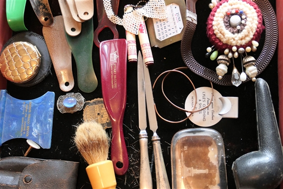 Tray Of Collectibles including South Boston Memorabilia, Sterling Handled Letter Openers, Raylass Dept. Stores Shoe Hornes, Antique Mercury Glass Santa, Compacts, Etc. 