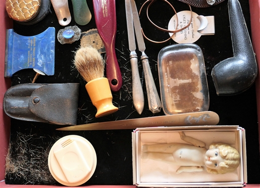 Tray Of Collectibles including South Boston Memorabilia, Sterling Handled Letter Openers, Raylass Dept. Stores Shoe Hornes, Antique Mercury Glass Santa, Compacts, Etc. 