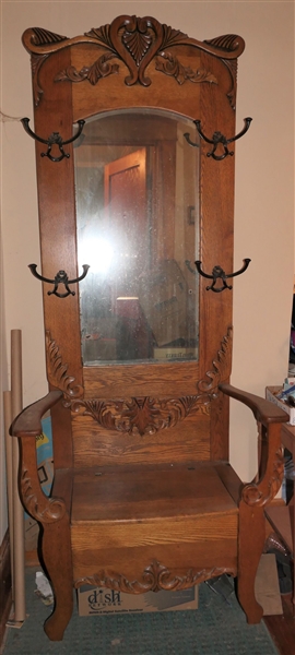 Nice Oak Hall Rack with Lift Top Seat - Carved Top - 4 Sets of Hooks - Measures 79" Tall 33" by 18" 