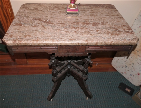 Ornate Walnut Marble Top Table - Very Ornate Base - Measures 30 Tall 29 1/2 by 20 
