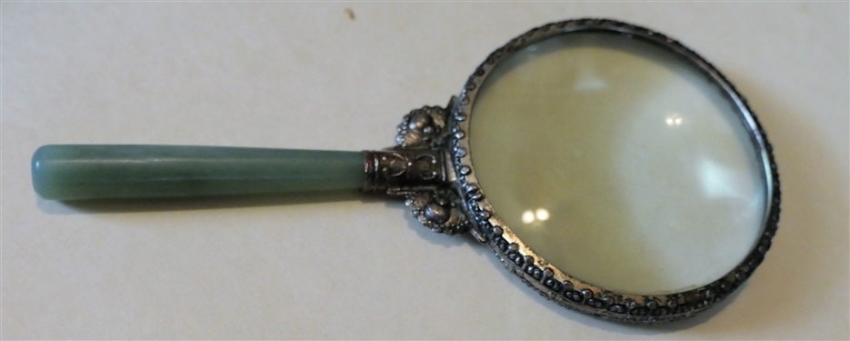 Nice Magnifying Glass with Faux Jade Handle - Decorated Bezel - Measures 7 Long