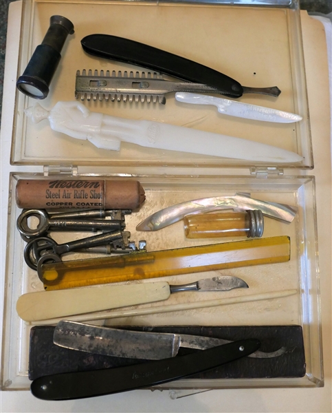 Collection of Vintage Straight Razors, Letter Openers, Viewer with Woman on Beach, Skeleton Keys, Fungsteel Straight Razor, Scalpel, Western Steel BBs in Original Tube 
