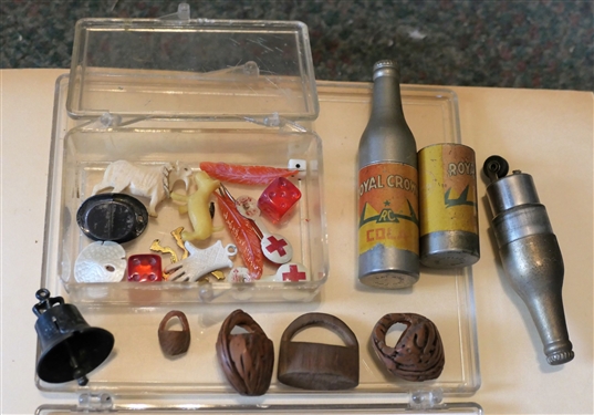 Collection of Miniature Items Including Notepads, Royal Crown Bottle Lighters, Miniature Items, Monopoly Pieces, Tobacco Tags, Carved Nuts