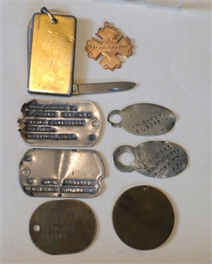 Collection of Antique Tags, Military ID Tags, Hand Stamped South Boston VA Tags, Orthography Hand Engraved Medallion, Key Fob Knife
