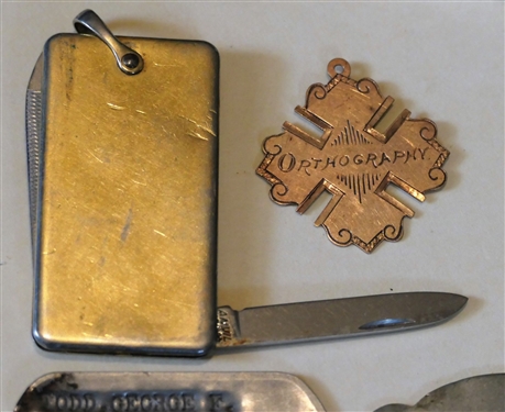 Collection of Antique Tags, Military ID Tags, Hand Stamped South Boston VA Tags, Orthography Hand Engraved Medallion, Key Fob Knife