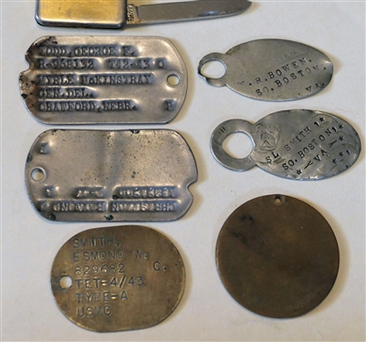 Collection of Antique Tags, Military ID Tags, Hand Stamped South Boston VA Tags, Orthography Hand Engraved Medallion, Key Fob Knife