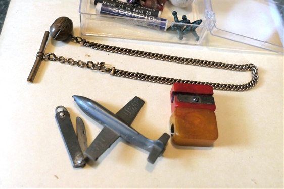 Collection of Miniature Items, Keys Fobs, Pencil Sharpener, Clay Marble, Wishbone, Watch Chain, Etc. 