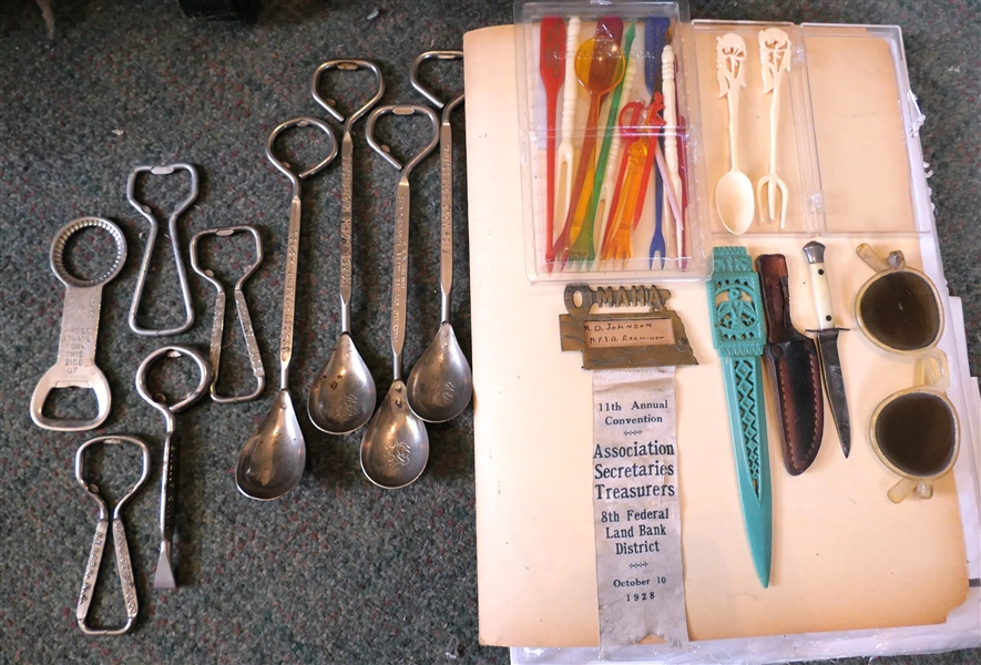 Collection of Cocktail Stirrers, Richmond Hotels INC Bar Spoon, 1928 Association Secretaries Treasurers -  D. Johnson Omaha Badge/ Ribbon, Hotel John Marshall Bar Spoon, Other Advertising Spoons...