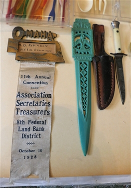 Collection of Cocktail Stirrers, Richmond Hotels INC Bar Spoon, 1928 Association Secretaries Treasurers -  D. Johnson Omaha Badge/ Ribbon, Hotel John Marshall Bar Spoon, Other Advertising Spoons...