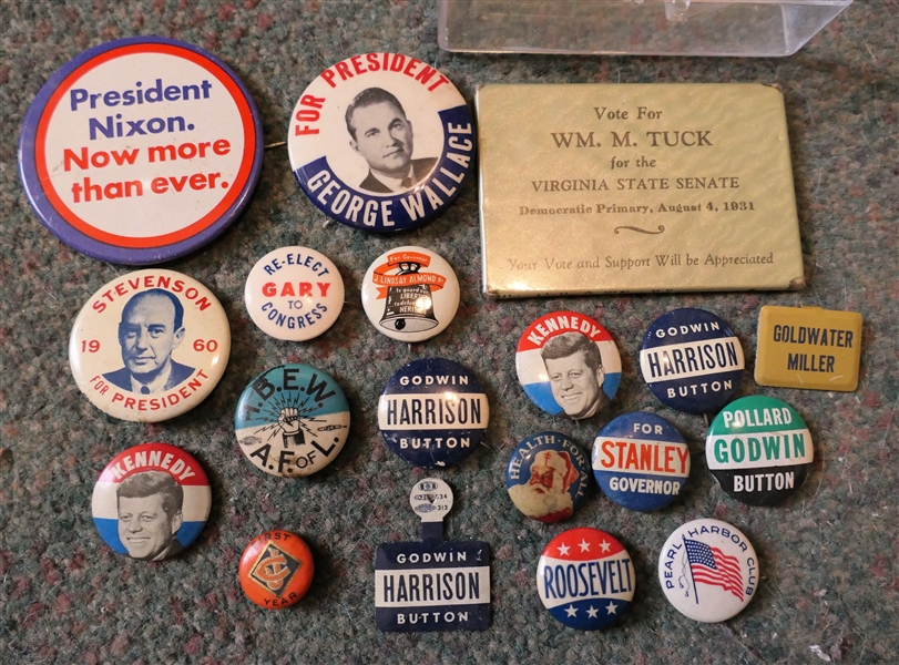 Collection of Political Buttons - George Wallace, Goodwin Harrison Button, Kennedy Button, Santa Health For All Button, Pollard Godwin Button, President Nixon, First Year Button, J. Lindsay Alomond...