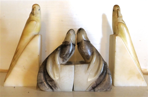 Pair of Stone Carved Parakeet Bookends and Pair of Smaller Bird Carved Stone Bookends with Broken Beak - White Parakeets Measure 6 1/4 Tall 