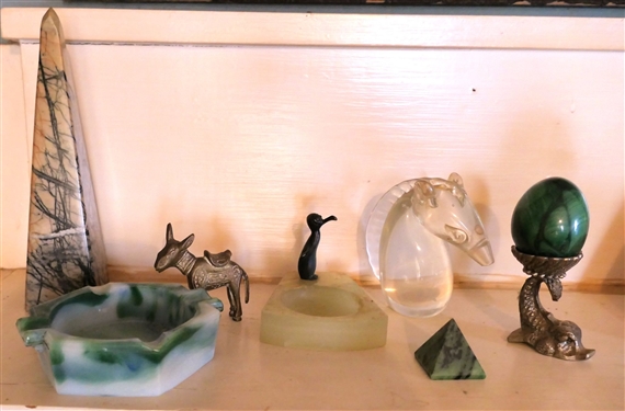 Stone Obelisk, Stone Egg in Dolphin Holder, Small Stone Pyramid, Acro Agate Glass Ashtray, Penguin, and Donkey - Stone Obelisk Measures 7 3/4 Tall 