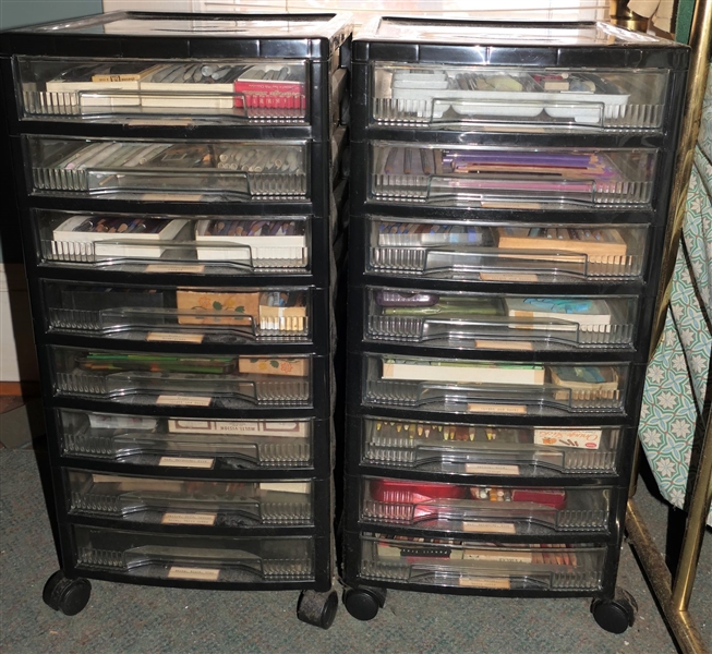 2 Plastic Rolling Storage Drawers Full of Art Supplies-  Pastel Blenders, Charcoal Blenders, and Colored Pencils Separated by Color - Very Well Organized 