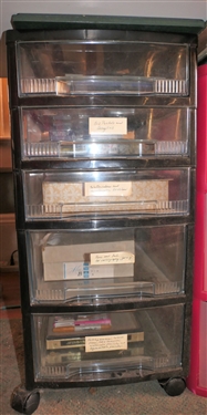 Plastic Storage Drawers Full of Painting Supplies and Pens - Oil Pastels and Acrylics, Watercolors and Brushes, Pens and Ink Calligraphy, and More