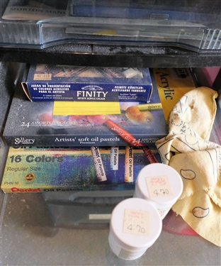 Plastic Storage Drawers Full of Painting Supplies and Pens - Oil Pastels and Acrylics, Watercolors and Brushes, Pens and Ink Calligraphy, and More
