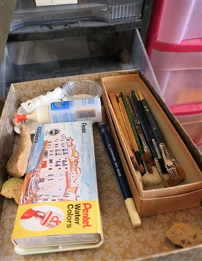 Plastic Storage Drawers Full of Painting Supplies and Pens - Oil Pastels and Acrylics, Watercolors and Brushes, Pens and Ink Calligraphy, and More