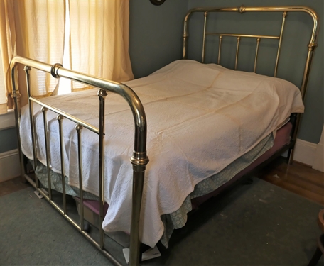 Full Sized Gold Tone Metal Bed with Bedding 
