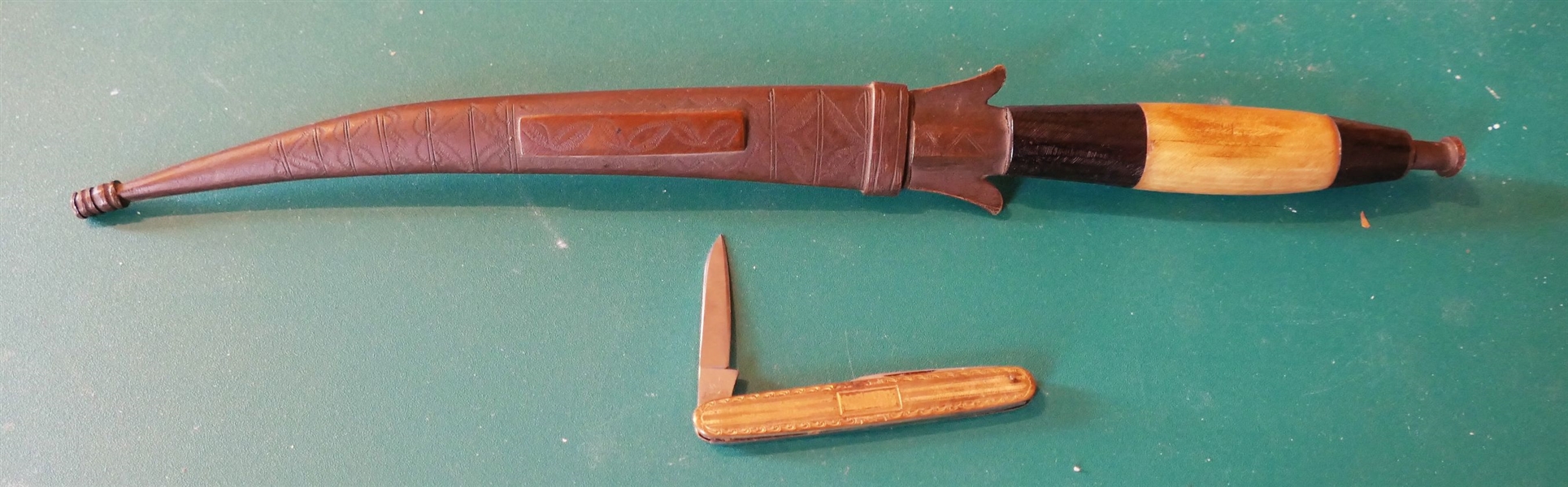 Dagger with Hand Engraved Metal Sheath - Bone Handle and Gold Tone Pocket Knife with Stainless Handle - Dagger Measures 12"