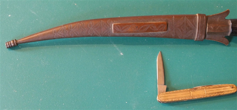 Dagger with Hand Engraved Metal Sheath - Bone Handle and Gold Tone Pocket Knife with Stainless Handle - Dagger Measures 12