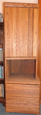 Narrow Oak Cabinet with Drawers at Bottom  - Unusual Angular Cabinet At Top - Measures 61 tall 19 by 17 - NO CONTENTS