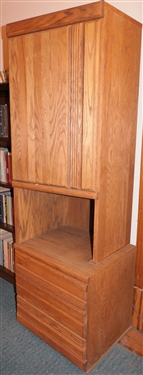 Narrow Oak Cabinet with Drawers at Bottom  - Unusual Angular Cabinet At Top - Measures 61 tall 19 by 17 - NO CONTENTS