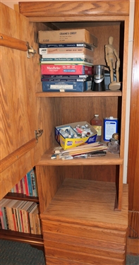 Narrow Oak Cabinet with Drawers at Bottom  - Unusual Angular Cabinet At Top - Measures 61 tall 19 by 17 - NO CONTENTS