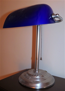 Desk Lamp with Blue Case Glass Shade - Measures 14 Tall 